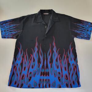 Vtg Sapphire Lounge Shirt Men's Black Blue Tribal Flame Print Button Up 90s Y2K